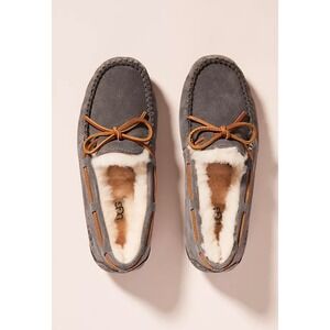 UGG‎ Australia Dakota Grey Suede Moccasin Slippers Womens Wool Lined Bow Slip On